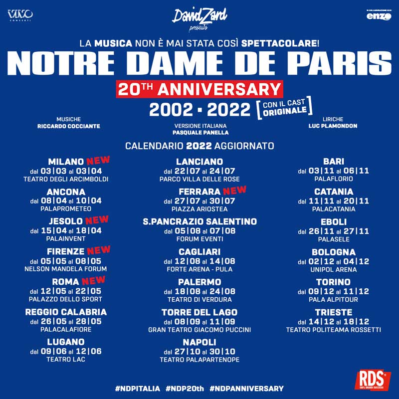 Notre Dame de Paris - il calendario aggiornato per il tour del ventennale 2022